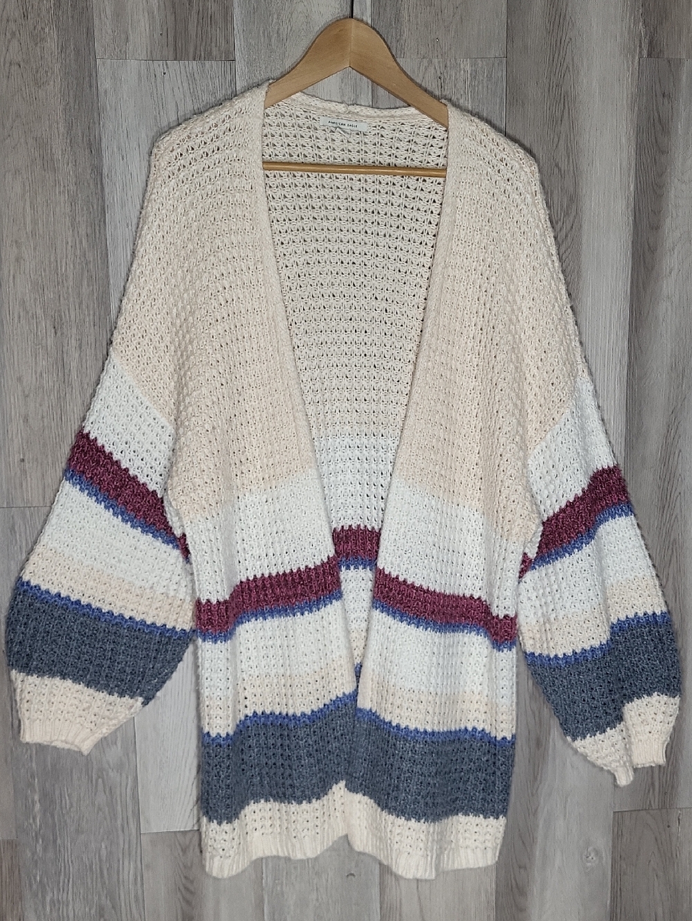 American Eagle Open Knit Striped Cardigan Sweater‎ L/XL Oversized Boho Chunky